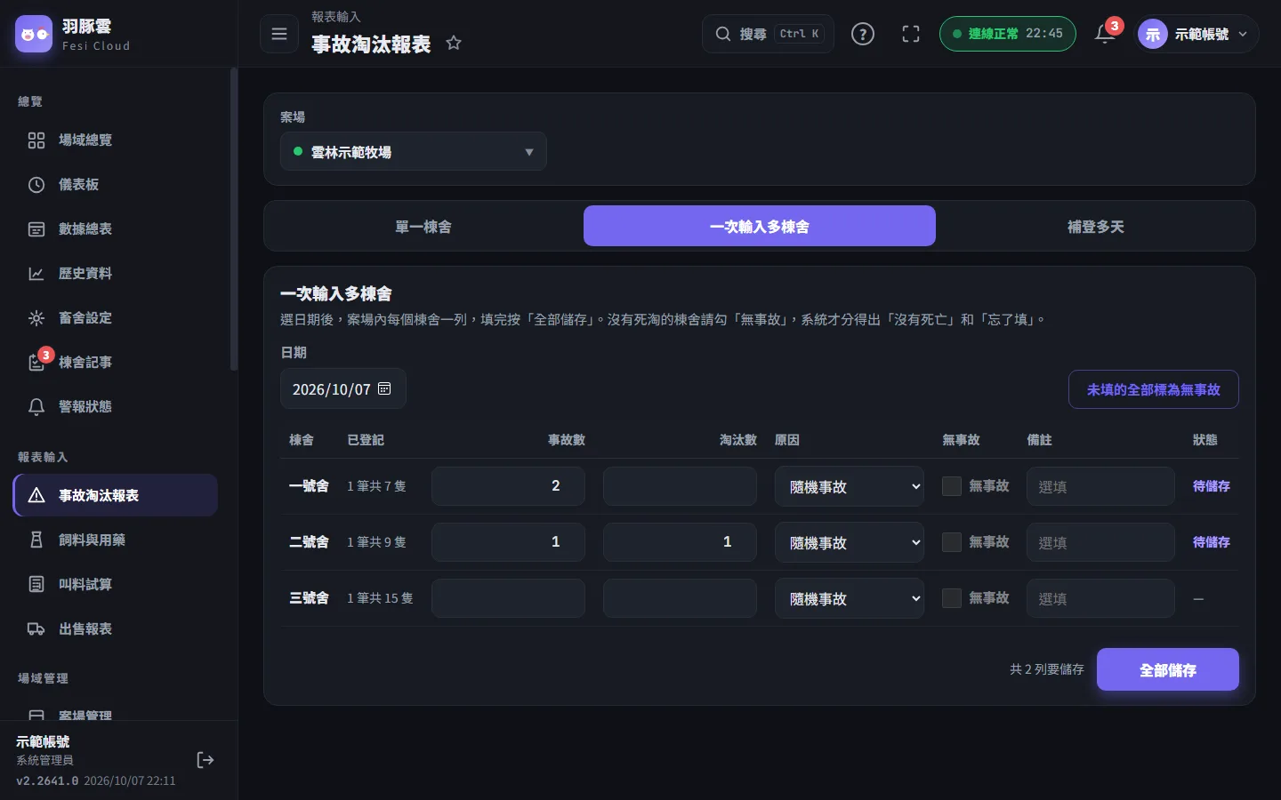 選日期後，案場內每個棟舍一列，填完按「全部儲存」。適合每天巡完整場後一次登記。