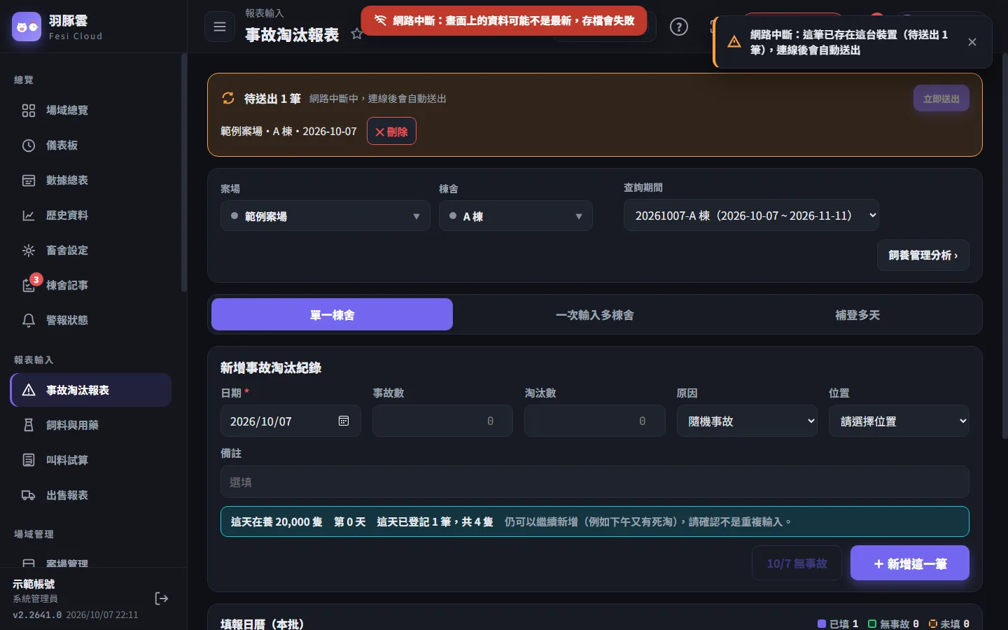 網路中斷時按「新增這一筆」或「全部儲存」，紀錄會先存在這台裝置，頁面頂端顯示「待送出 N 筆」。